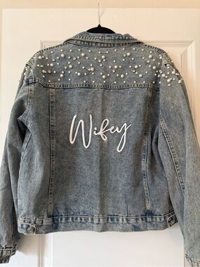 Denim 'Wifey' Pearl-Accent Jacket - Light Blue